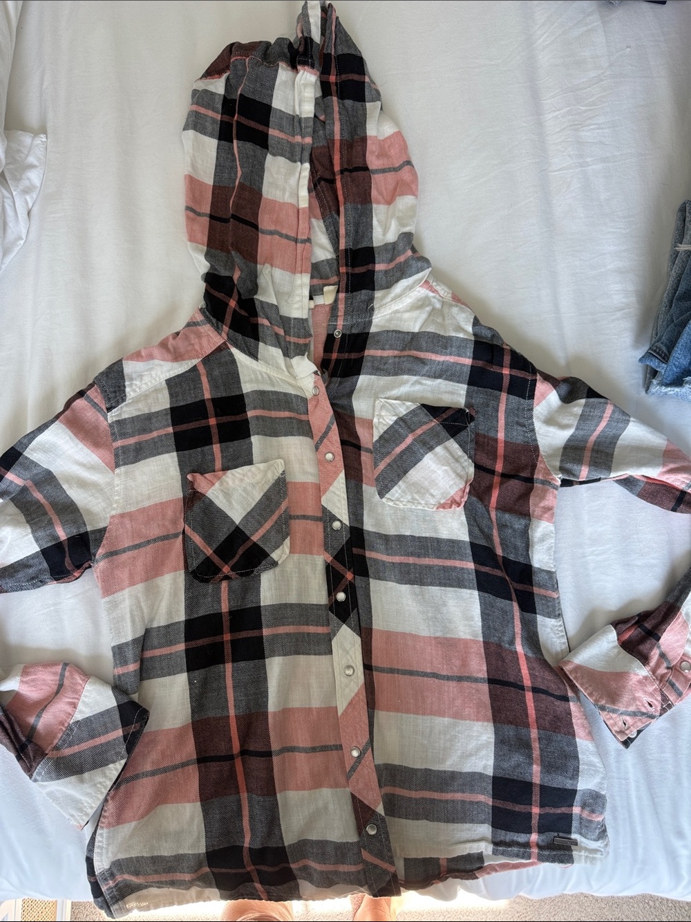 Roxy Pink Black White Plaid Hooded Button-Down Shirt